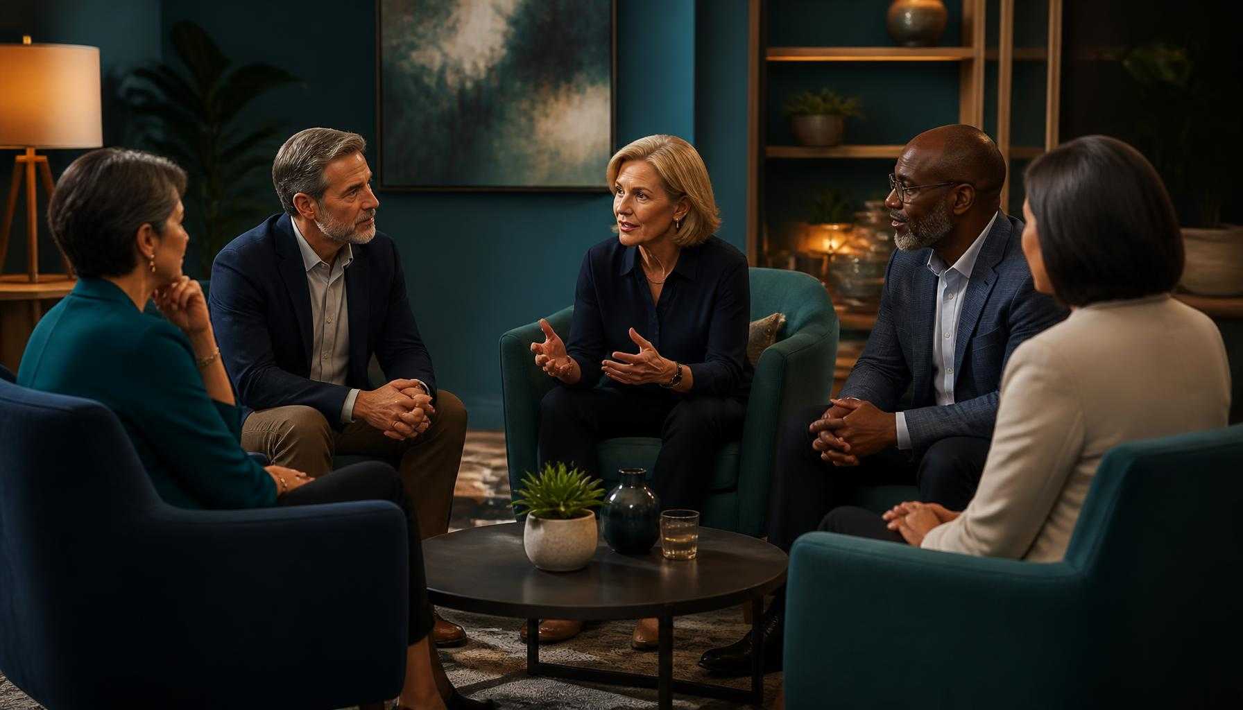 A warm, modern illustration of senior leaders sitting in a small circle having an honest, thoughtful conversation. Intimate s