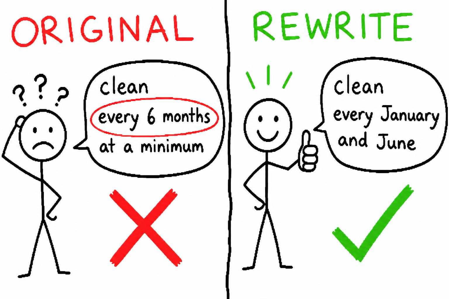 Before and after doodle: vague cleaning frequency on the left, specific January and June on the right