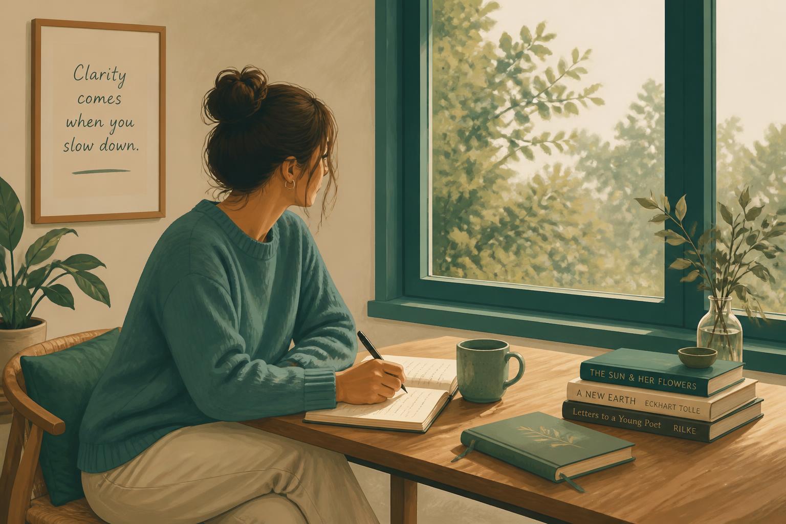 A serene, minimalist scene of a person sitting quietly offline — no phone, no screen — journaling or reflecting by a window w