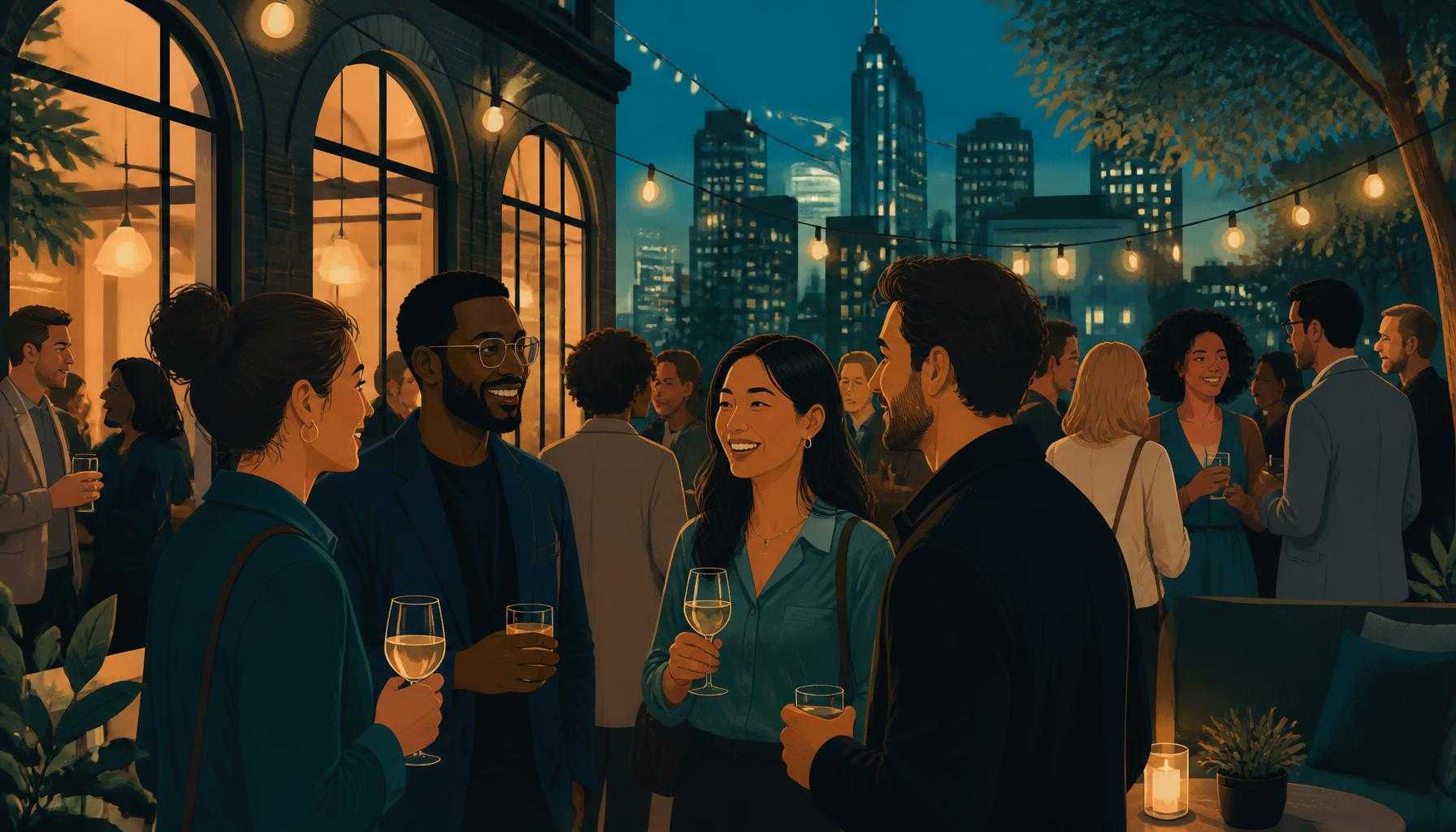 A warm, inviting illustration of people gathering at a cozy evening event in a downtown setting, drinks in hand, building com