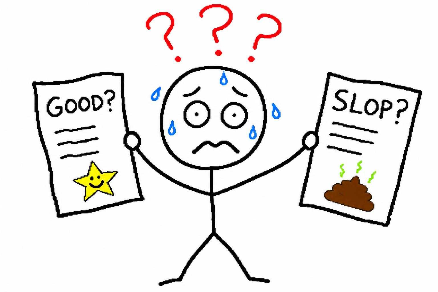 Stick figure holding two identical papers, one labeled GOOD and one labeled SLOP