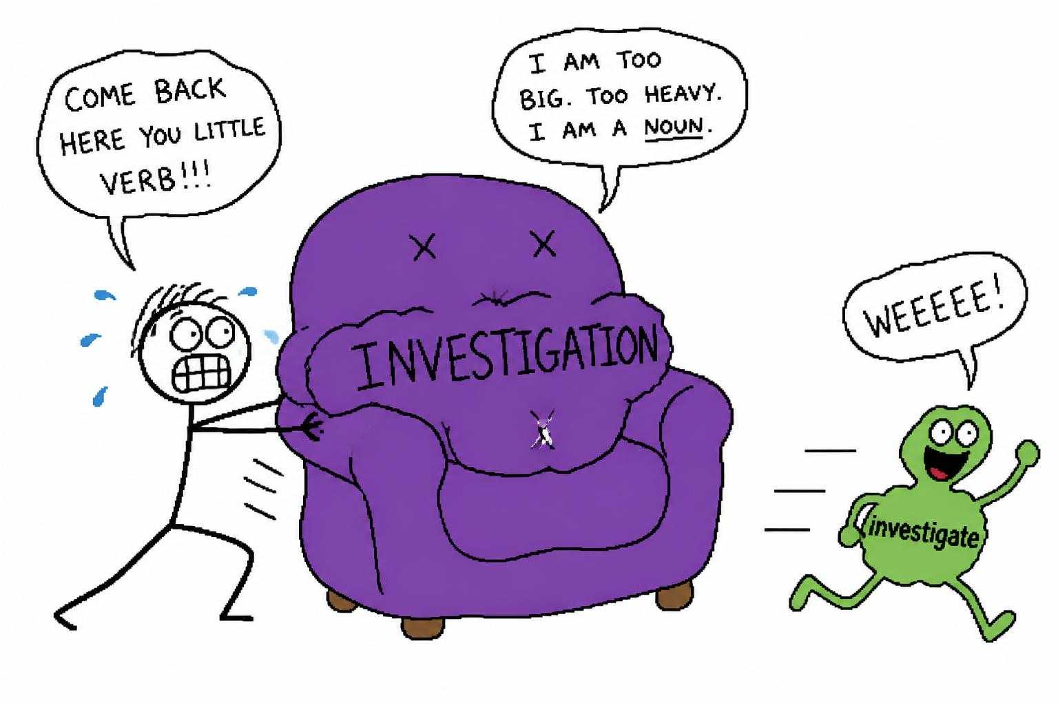 Doodle of a stick figure wrestling a bloated noun into furniture while the verb escapes