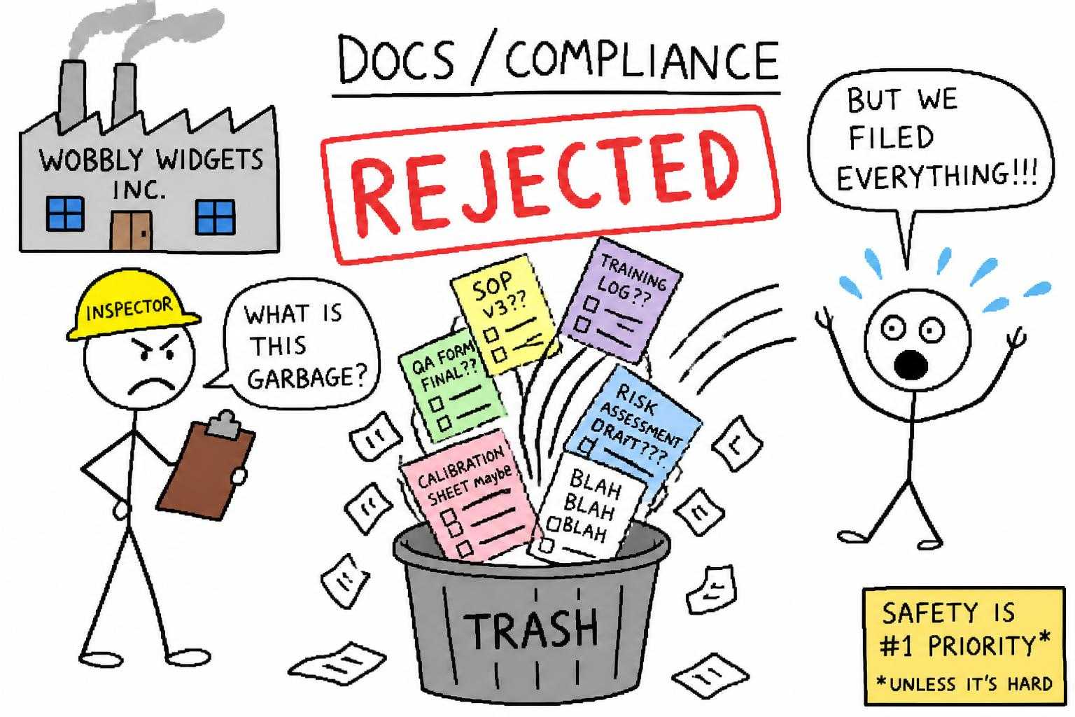 Doodle of an inspector rejecting a pile of discarded checklists at a factory