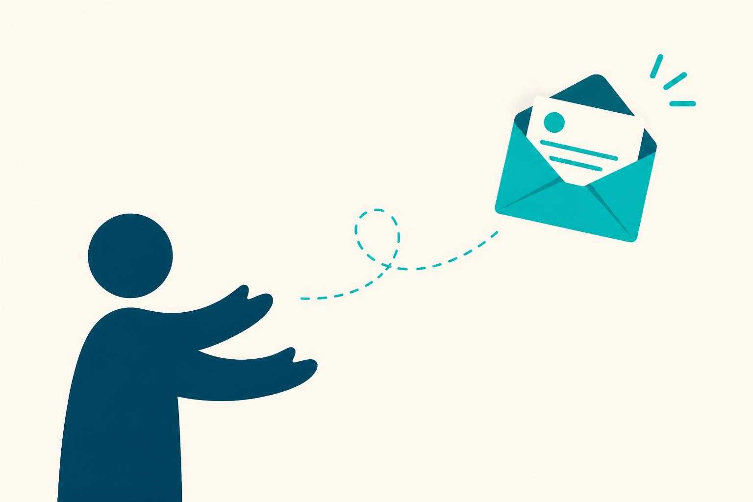Flat vector illustration, no text or letters. A simple abstract human figure receiving an open envelope that floats toward th